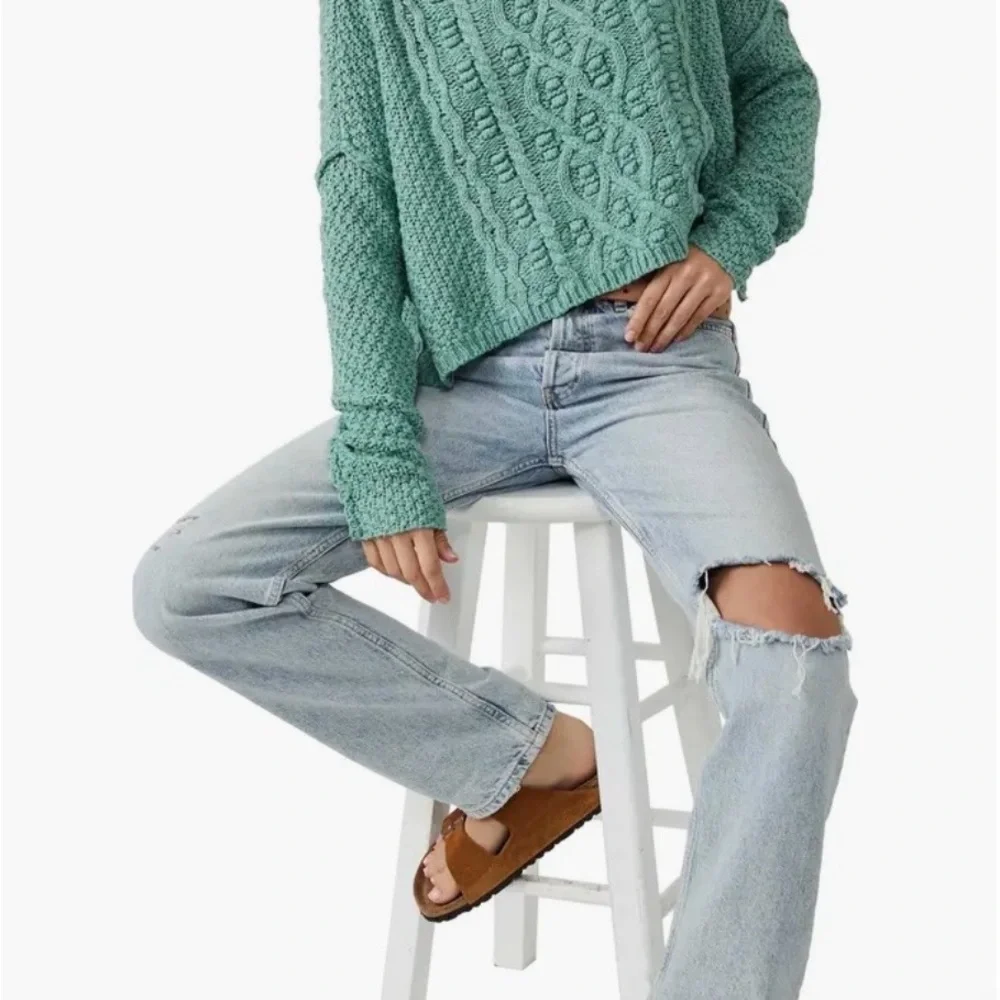 NEW! Free People White Spruce Cable Knit-M-Changing Tides Green Pullover Sweater